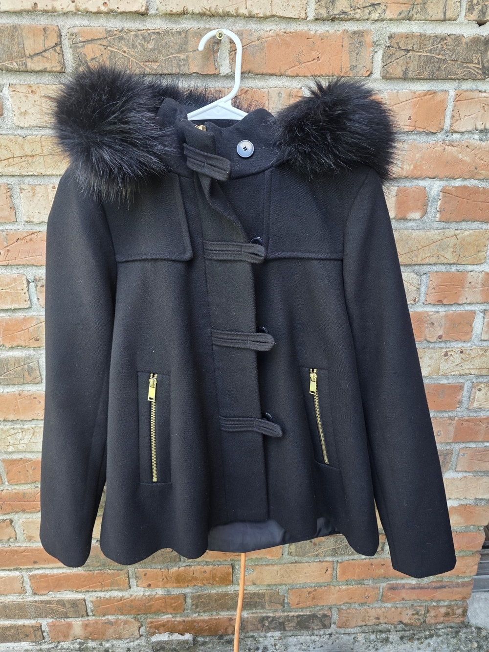 Zara Black Faux Fur-Trim Toggle Pea Coat - Picture 6 of 16